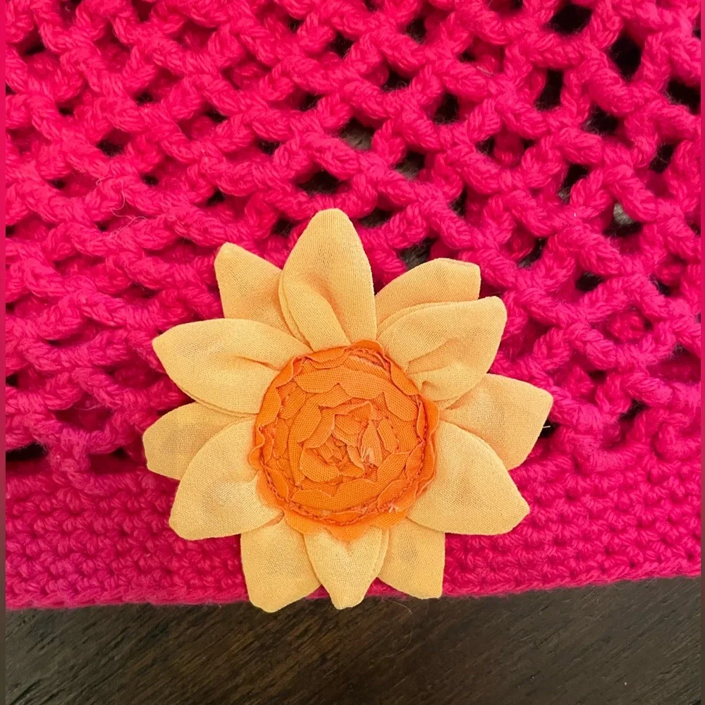 Gymboree, Sunshine Smiles Pink Crochet Hat with Yellow Sunflower, size 5-7